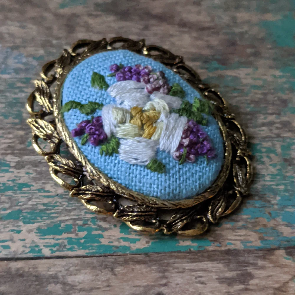 Vintage Embroidered Linen Flower Gold  Framed Coquette Brooch Pin Pendant